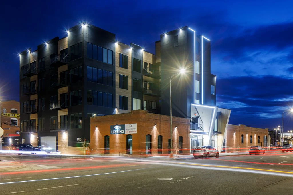 Old Town Flats illuminated at dusk